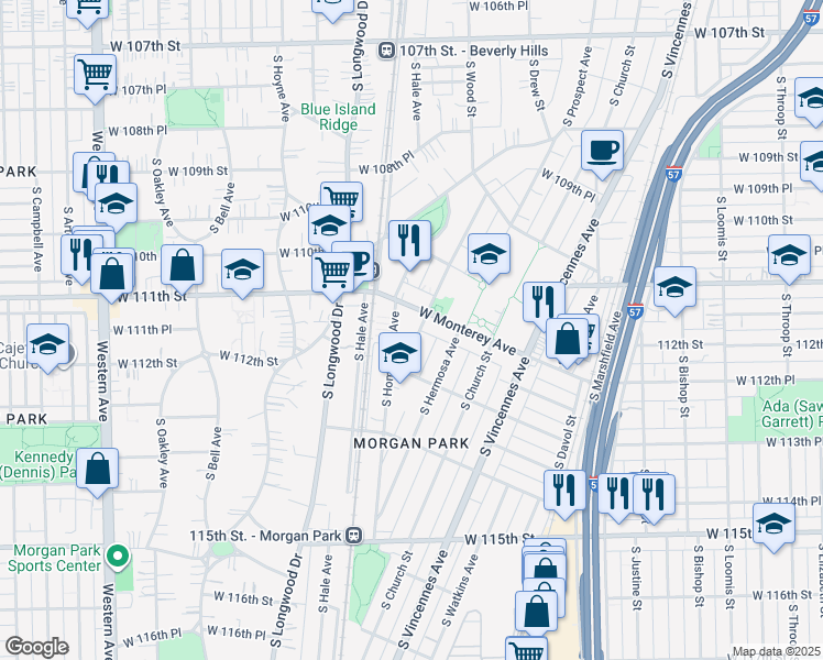 map of restaurants, bars, coffee shops, grocery stores, and more near 11140 South Esmond Street in Chicago