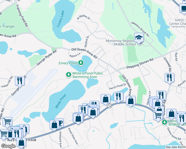 map of restaurants, bars, coffee shops, grocery stores, and more near 118 Wilfred Road in Chatham