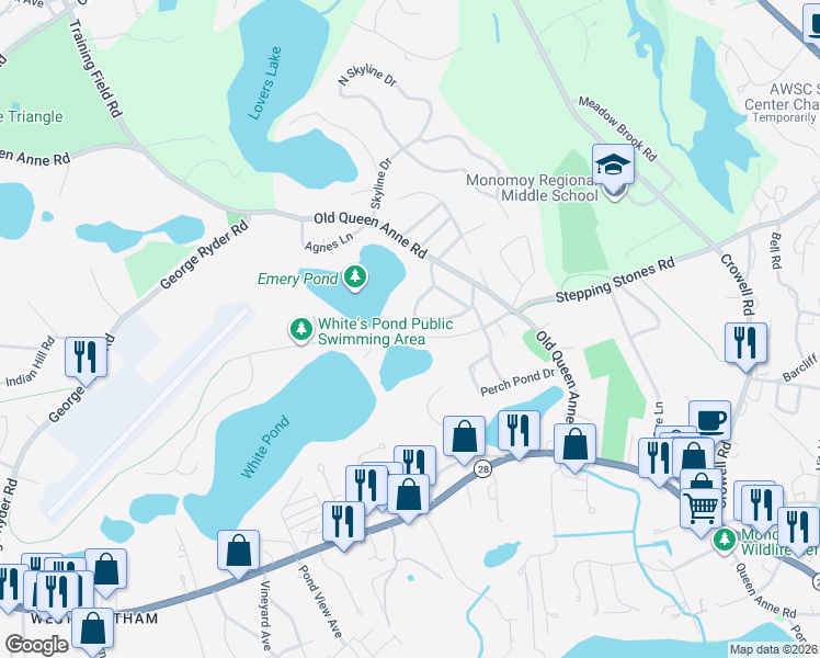 map of restaurants, bars, coffee shops, grocery stores, and more near 118 Wilfred Road in Chatham