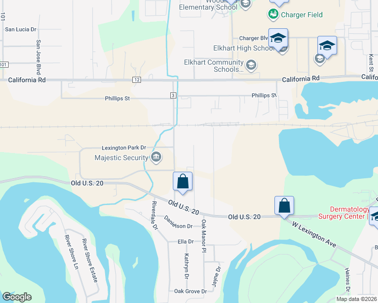 map of restaurants, bars, coffee shops, grocery stores, and more near 633 Kollar Street in Elkhart