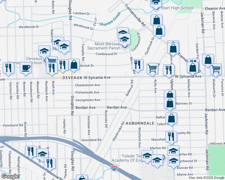 map of restaurants, bars, coffee shops, grocery stores, and more near 2238 Portsmouth Ave in Toledo