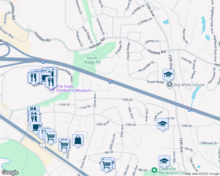 map of restaurants, bars, coffee shops, grocery stores, and more near 2107 14th Street in Coralville