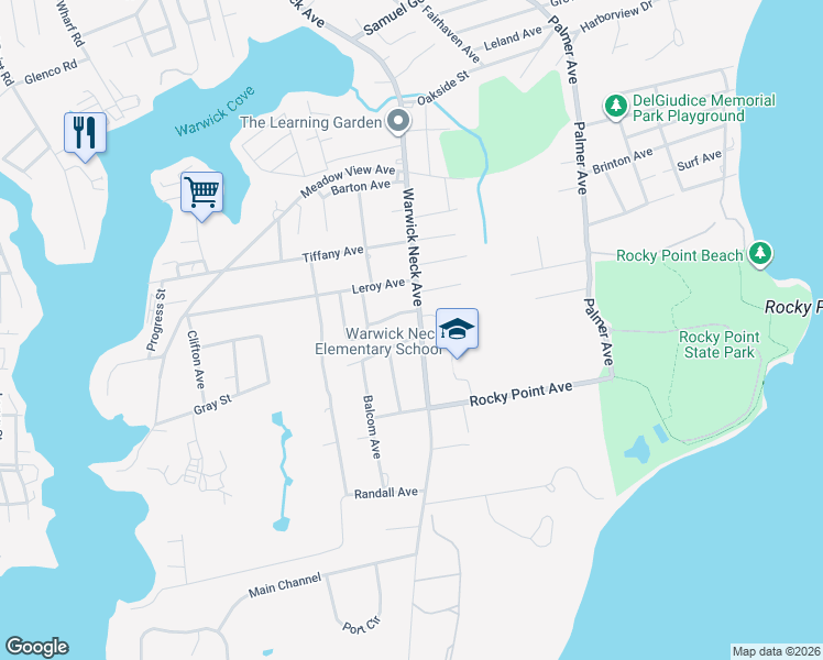 map of restaurants, bars, coffee shops, grocery stores, and more near 493 Warwick Neck Avenue in Warwick