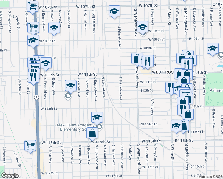 map of restaurants, bars, coffee shops, grocery stores, and more near 332 West 112th Street in Chicago