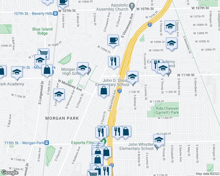 map of restaurants, bars, coffee shops, grocery stores, and more near 11143 South Ashland Avenue in Chicago