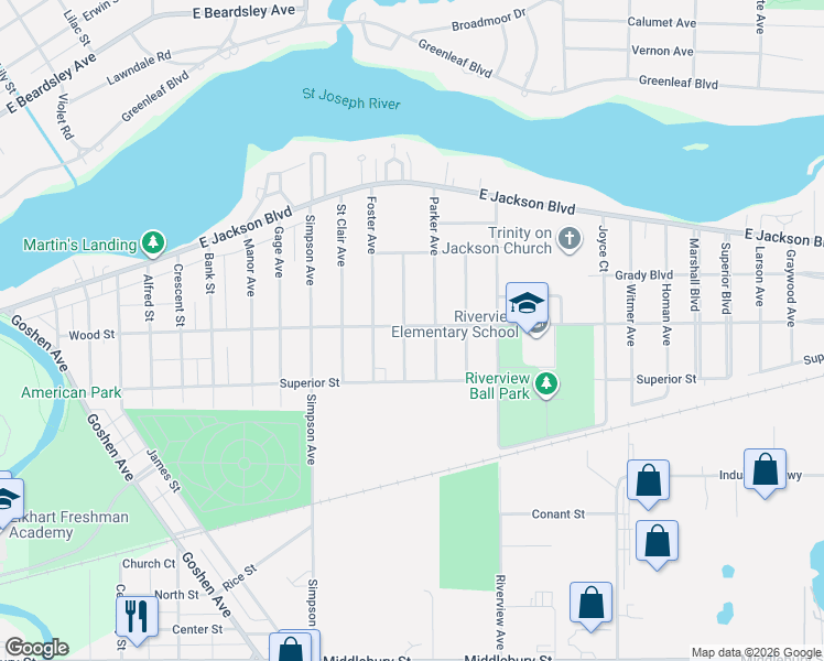 map of restaurants, bars, coffee shops, grocery stores, and more near 2201 Wood Street in Elkhart