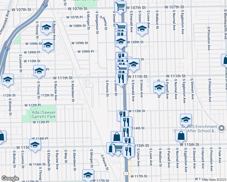map of restaurants, bars, coffee shops, grocery stores, and more near 11147 South Green Street in Chicago