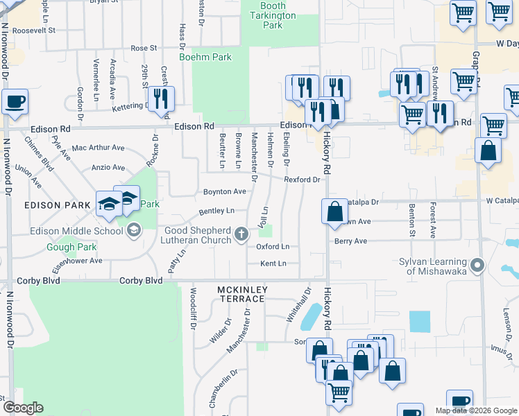 map of restaurants, bars, coffee shops, grocery stores, and more near 1139 Helmen Drive in South Bend
