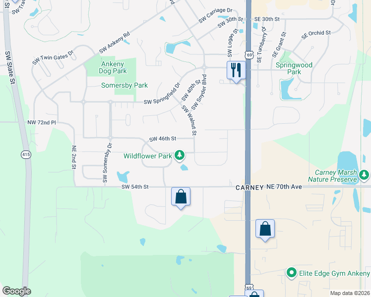 map of restaurants, bars, coffee shops, grocery stores, and more near 512 Southwest 48th Street in Ankeny