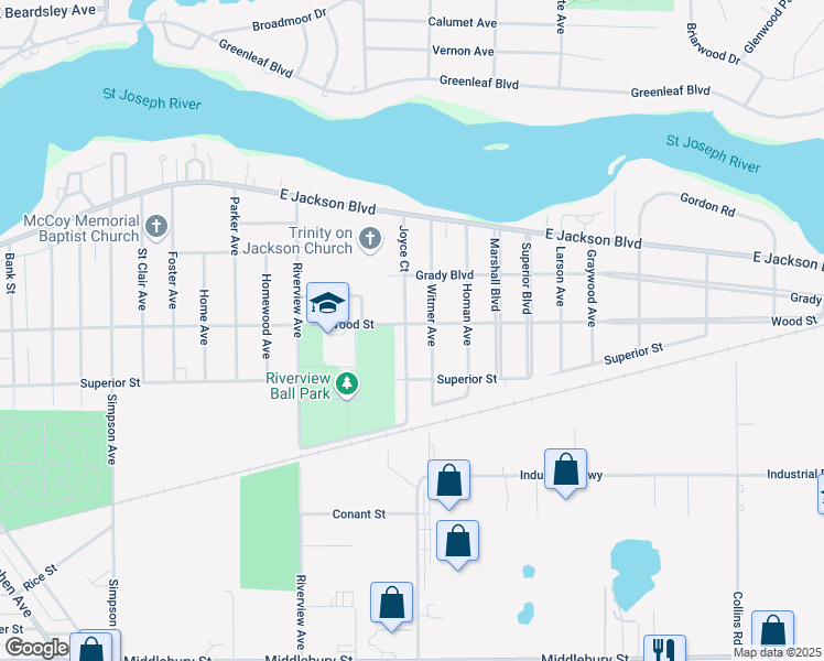 map of restaurants, bars, coffee shops, grocery stores, and more near 200 Joyce Ct in Elkhart