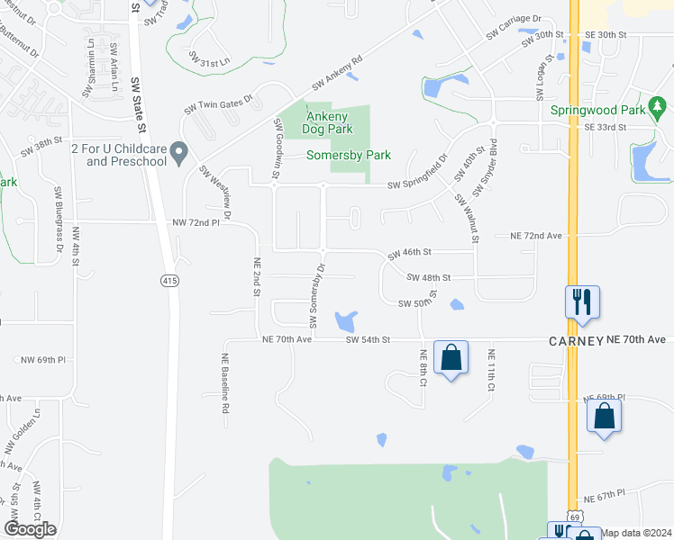 map of restaurants, bars, coffee shops, grocery stores, and more near 908 Southwest 47th Circle in Ankeny