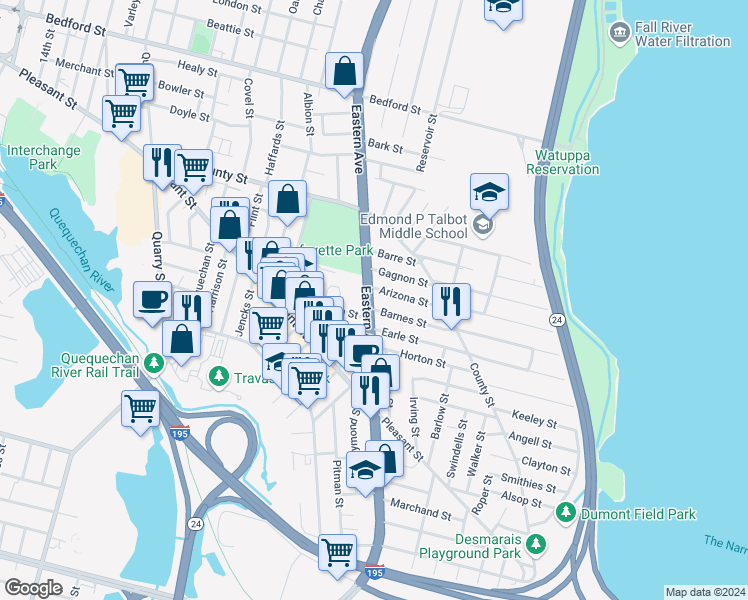 map of restaurants, bars, coffee shops, grocery stores, and more near 478 U.S. 6 in Fall River