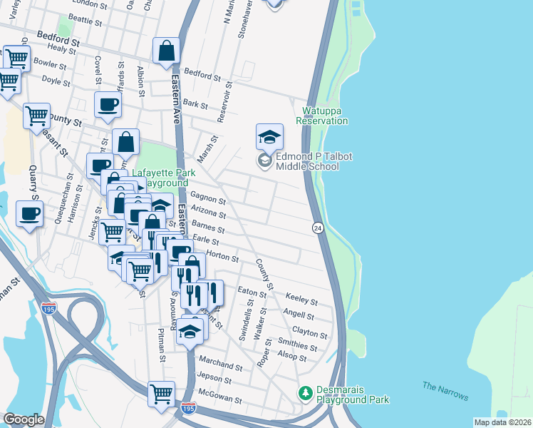 map of restaurants, bars, coffee shops, grocery stores, and more near 127 Lafayette St in Fall River