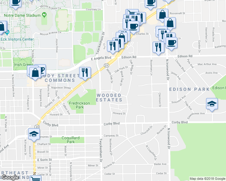 map of restaurants, bars, coffee shops, grocery stores, and more near 1617 Scottswood Drive in South Bend