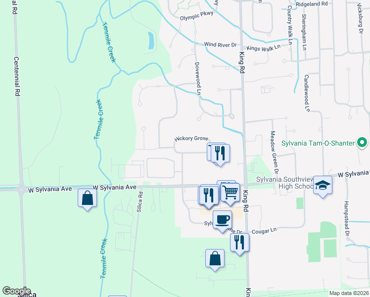 map of restaurants, bars, coffee shops, grocery stores, and more near 7708 Sylvan Oaks Way in Sylvania
