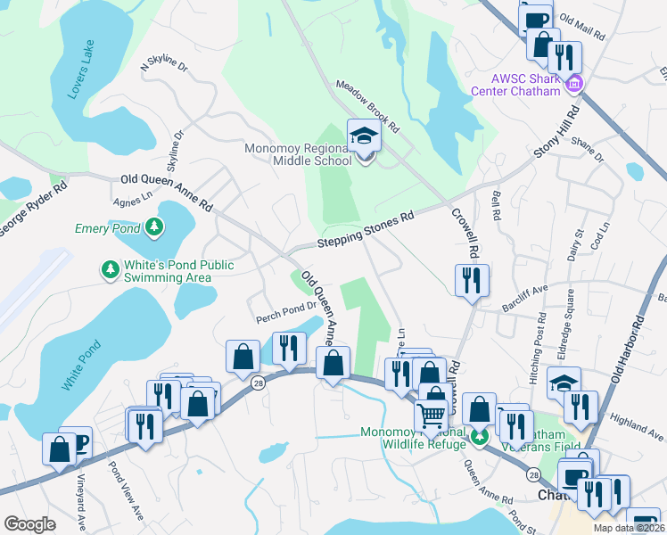 map of restaurants, bars, coffee shops, grocery stores, and more near 148 Old Queen Anne Road in Chatham
