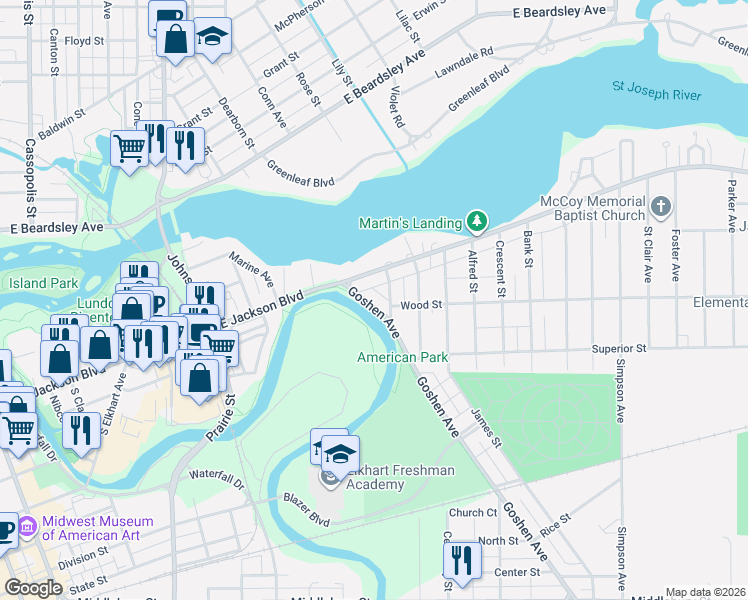 map of restaurants, bars, coffee shops, grocery stores, and more near 122 Goshen Avenue in Elkhart