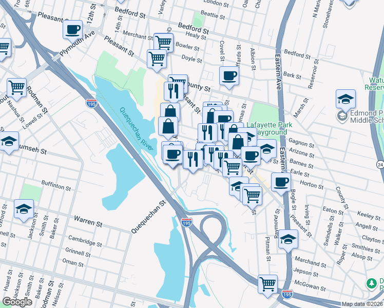 map of restaurants, bars, coffee shops, grocery stores, and more near 281 Harrison Street in Fall River