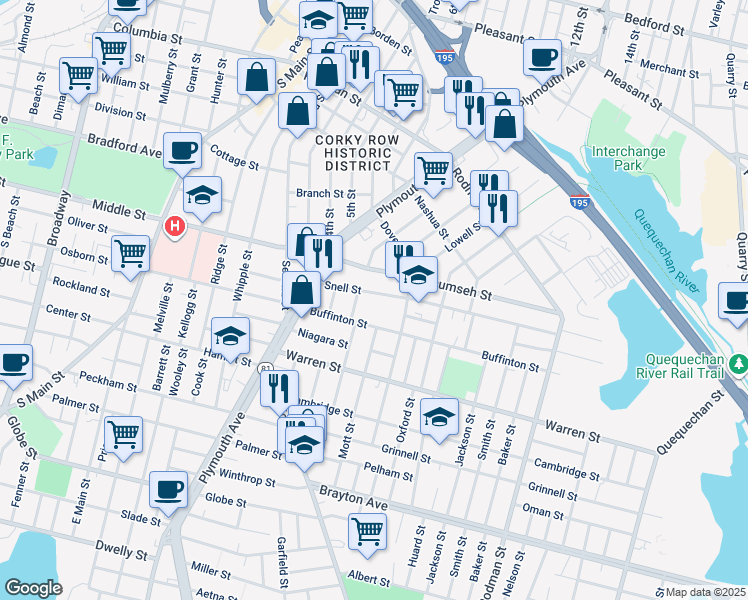 map of restaurants, bars, coffee shops, grocery stores, and more near 135 Snell Street in Fall River