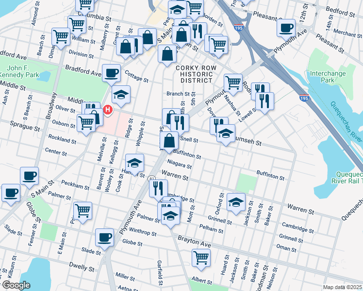 map of restaurants, bars, coffee shops, grocery stores, and more near 22 Lenox Street in Fall River