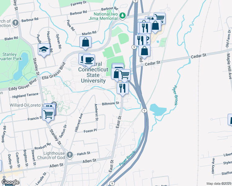 map of restaurants, bars, coffee shops, grocery stores, and more near 1412 East Street in New Britain