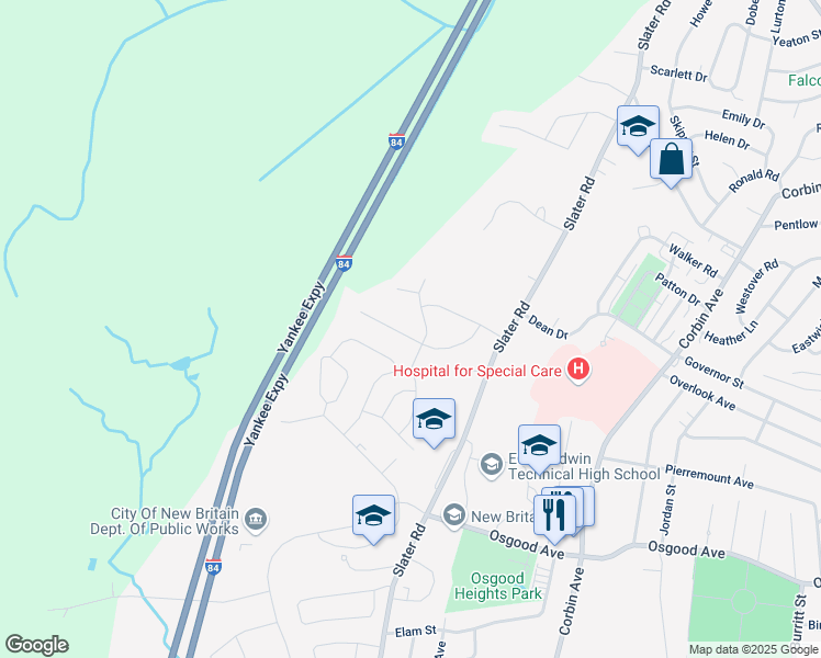 map of restaurants, bars, coffee shops, grocery stores, and more near 160 Nancy Road in New Britain