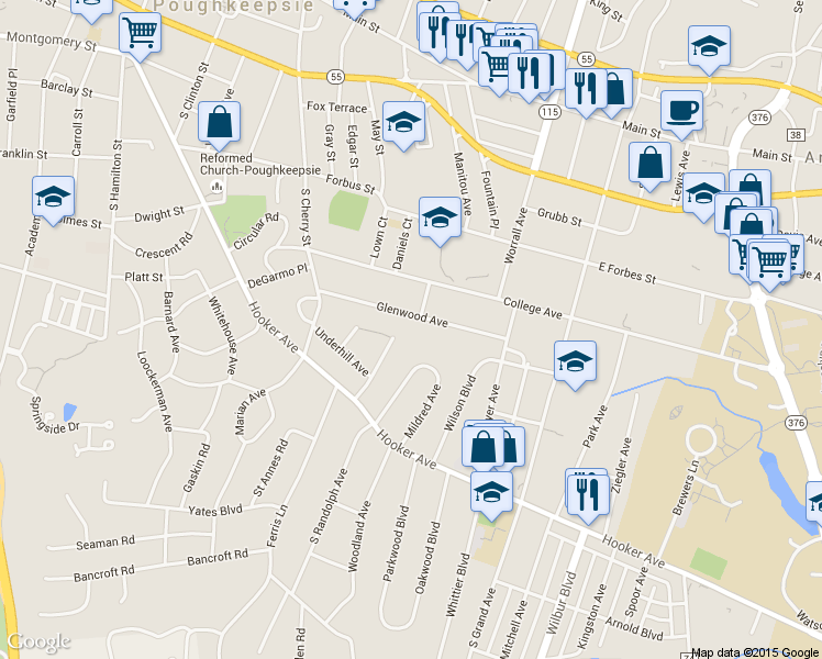 map of restaurants, bars, coffee shops, grocery stores, and more near 44 Glenwood Avenue in Poughkeepsie