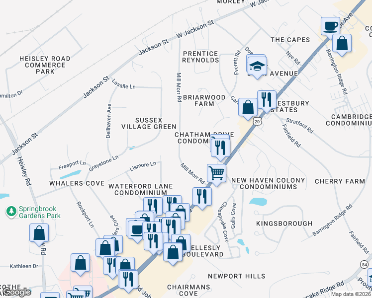 map of restaurants, bars, coffee shops, grocery stores, and more near 110 Mill Morr Road in Painesville
