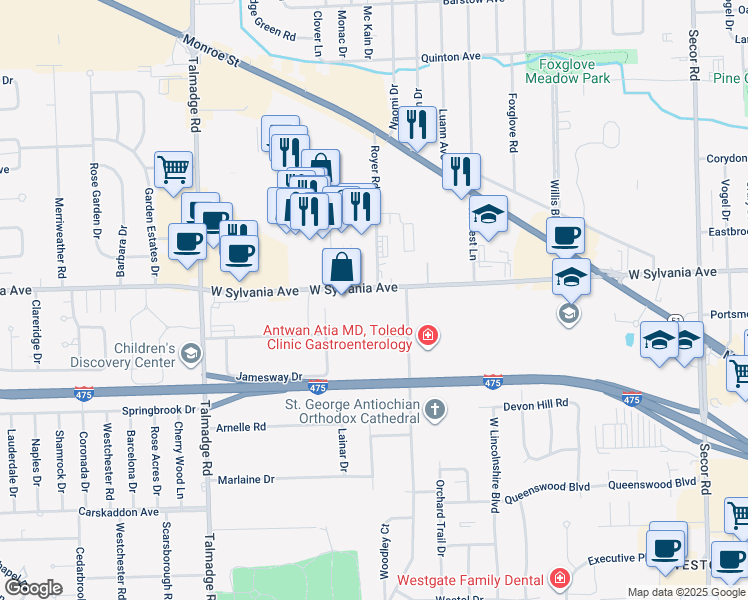 map of restaurants, bars, coffee shops, grocery stores, and more near 3927 West Sylvania Avenue in Toledo