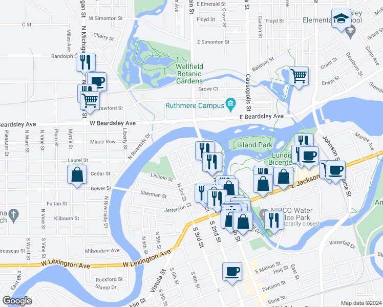 map of restaurants, bars, coffee shops, grocery stores, and more near 427 North 2nd Street in Elkhart