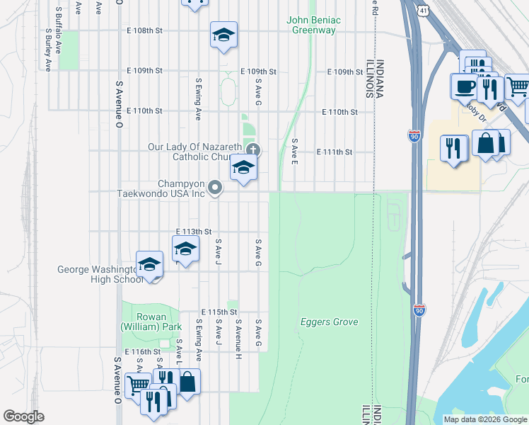 map of restaurants, bars, coffee shops, grocery stores, and more near 11225 South Avenue G in Chicago
