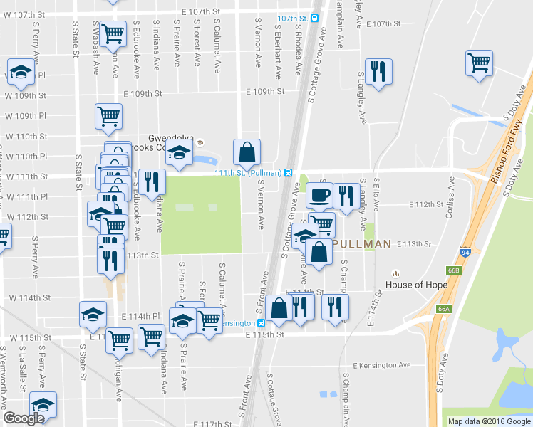 map of restaurants, bars, coffee shops, grocery stores, and more near 11159 South Vernon Avenue in Chicago