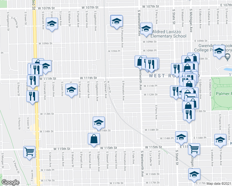 map of restaurants, bars, coffee shops, grocery stores, and more near 332 West 112th Street in Chicago