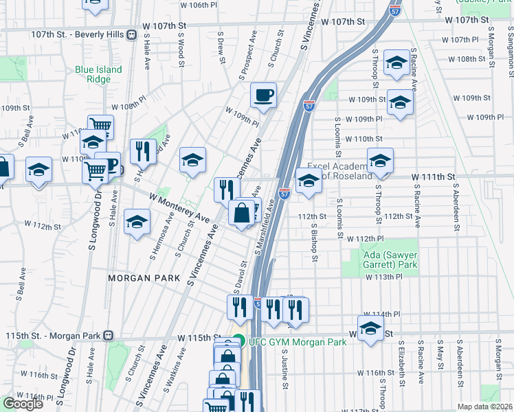 map of restaurants, bars, coffee shops, grocery stores, and more near 11132 South Hamlet Avenue in Chicago