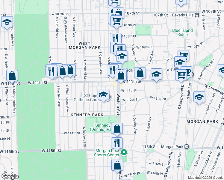 map of restaurants, bars, coffee shops, grocery stores, and more near 11124 South Artesian Avenue in Chicago