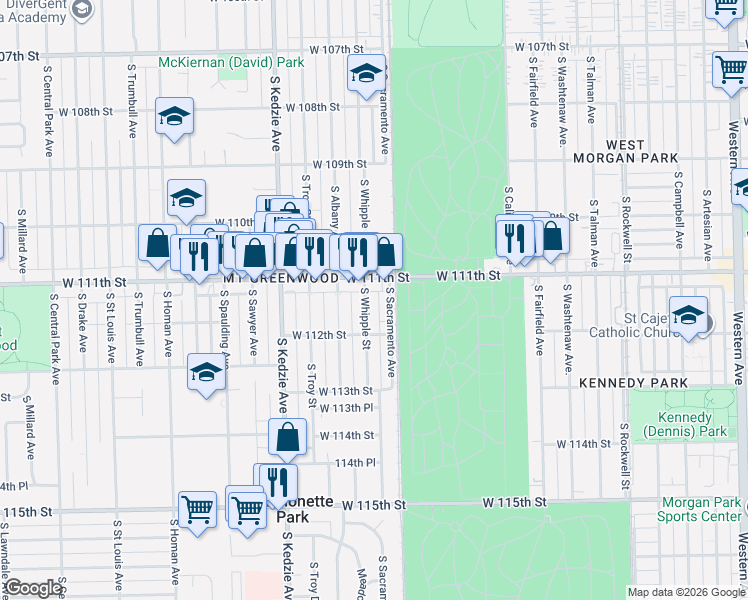 map of restaurants, bars, coffee shops, grocery stores, and more near 11116 South Whipple Street in Chicago