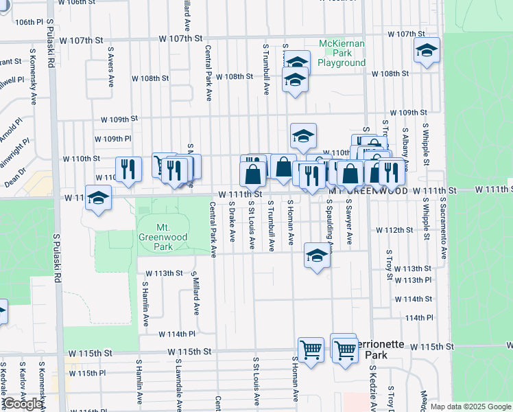 map of restaurants, bars, coffee shops, grocery stores, and more near 11117 South Saint Louis Avenue in Chicago