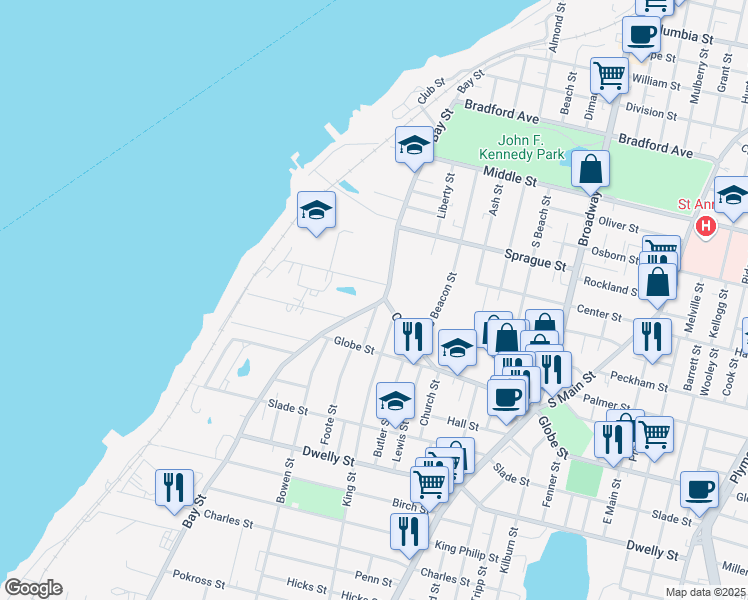 map of restaurants, bars, coffee shops, grocery stores, and more near 701 Bay Street in Fall River