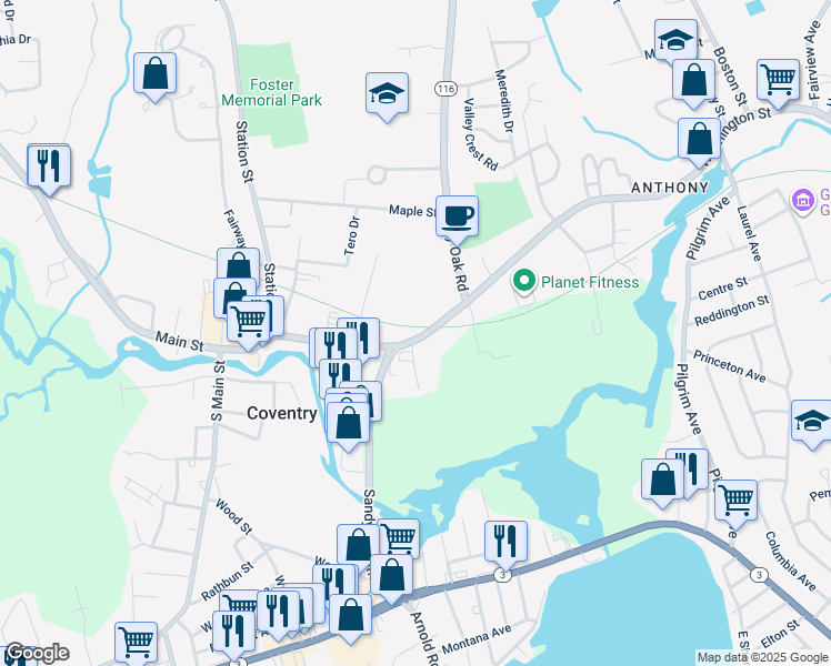 map of restaurants, bars, coffee shops, grocery stores, and more near 913 Main Street in Coventry