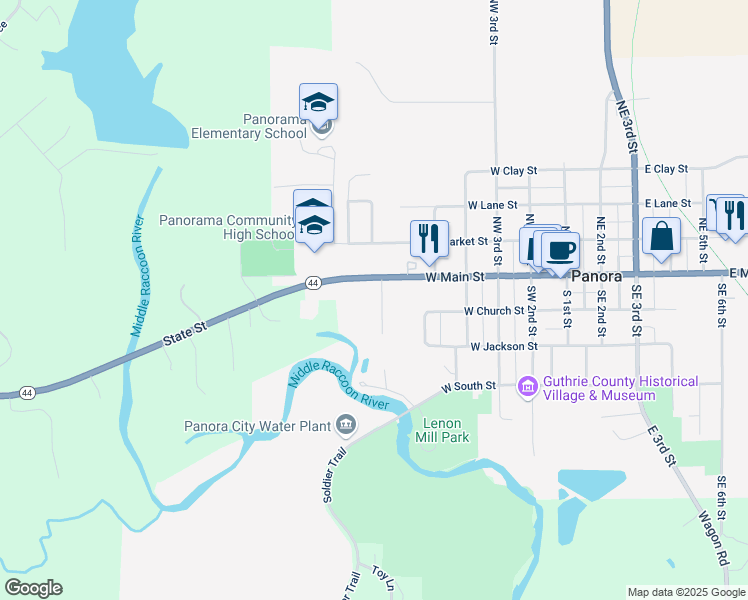 map of restaurants, bars, coffee shops, grocery stores, and more near 702 River Hills Addition in Panora