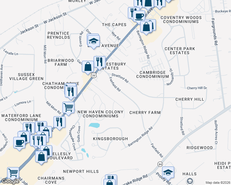 map of restaurants, bars, coffee shops, grocery stores, and more near 62 Fairfield Road in Painesville