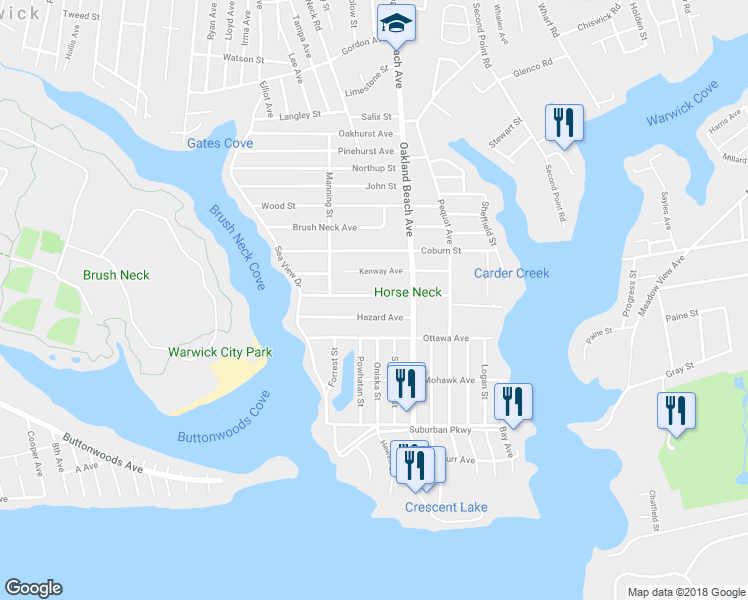 map of restaurants, bars, coffee shops, grocery stores, and more near 86 Wilson Avenue in Warwick