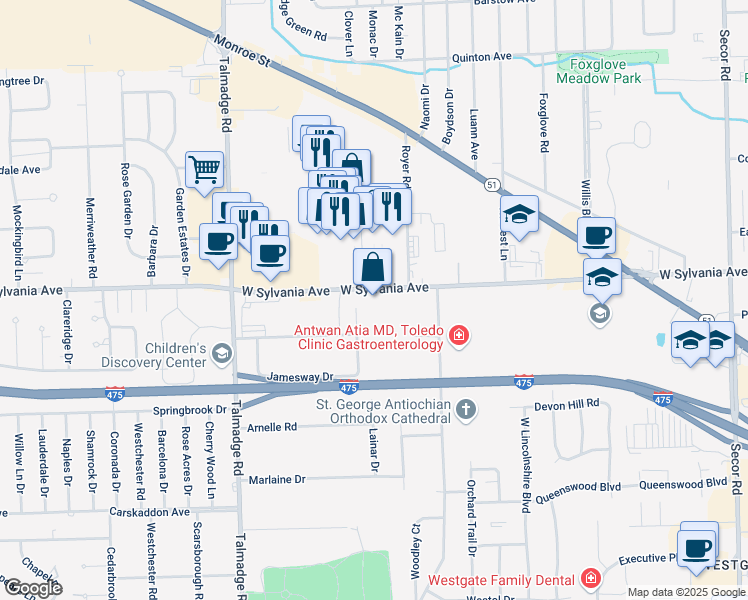 map of restaurants, bars, coffee shops, grocery stores, and more near 4021 West Sylvania Avenue in Toledo