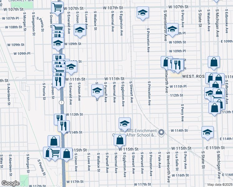 map of restaurants, bars, coffee shops, grocery stores, and more near 11153 South Normal Avenue in Chicago
