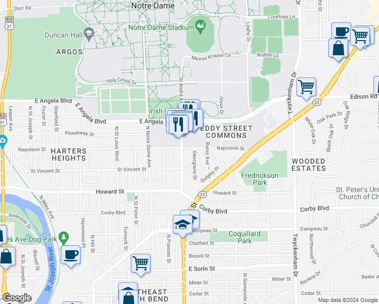 map of restaurants, bars, coffee shops, grocery stores, and more near 1147 Georgiana Street in South Bend