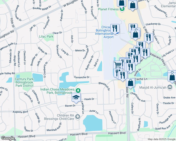 map of restaurants, bars, coffee shops, grocery stores, and more near 268 Buli Lane in Bolingbrook