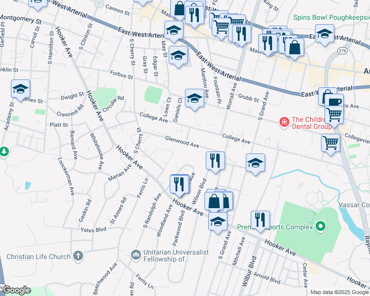 map of restaurants, bars, coffee shops, grocery stores, and more near 48 Glenwood Avenue in Poughkeepsie