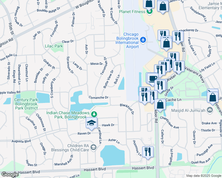 map of restaurants, bars, coffee shops, grocery stores, and more near 268 Buli Lane in Bolingbrook