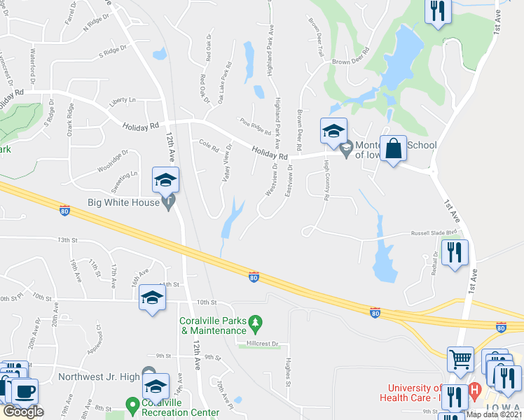 map of restaurants, bars, coffee shops, grocery stores, and more near 1411 Westview Drive in Coralville