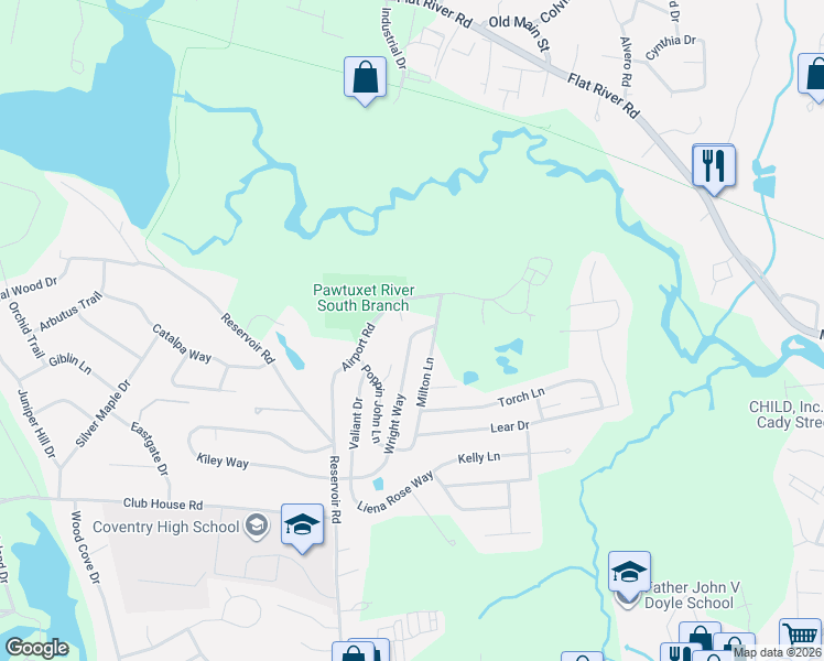 map of restaurants, bars, coffee shops, grocery stores, and more near 89 Wright Way in Coventry